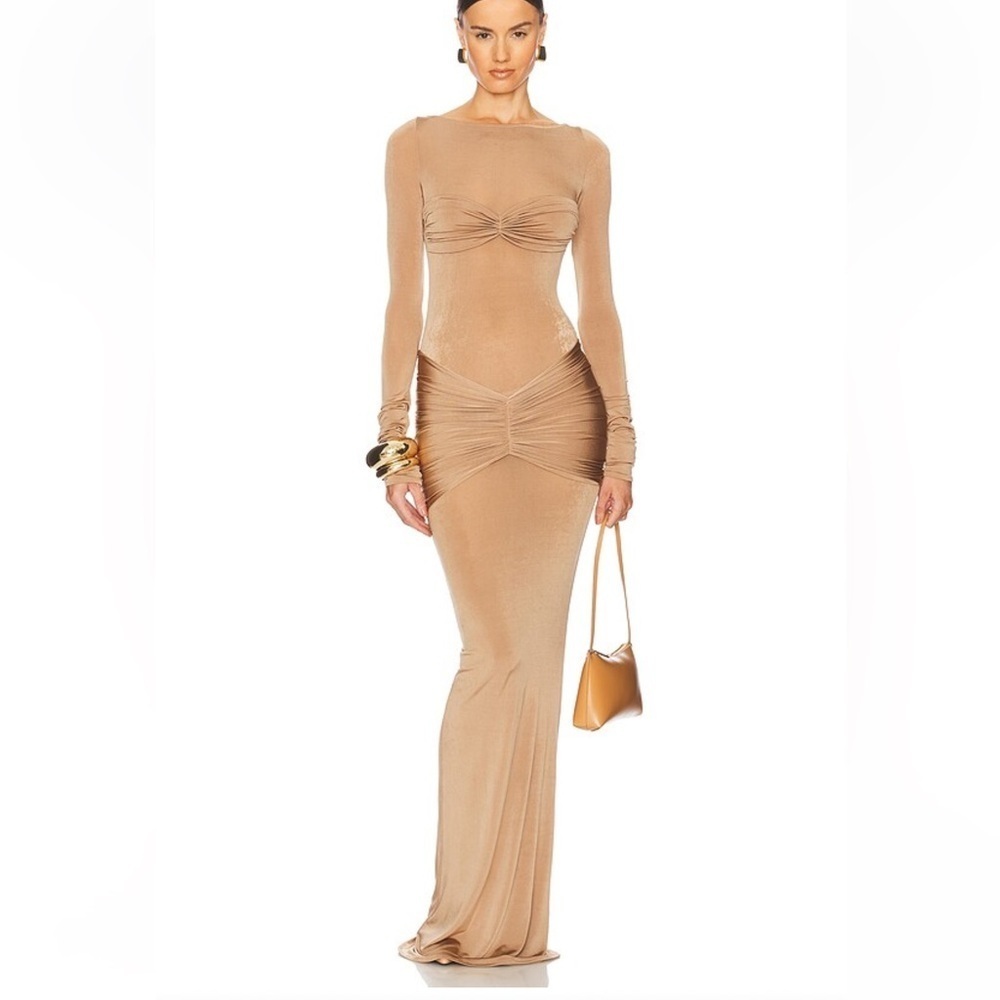 HELSA Josephine Dress Truffle tan ruched slinky maxi jersey gown Revolve S
